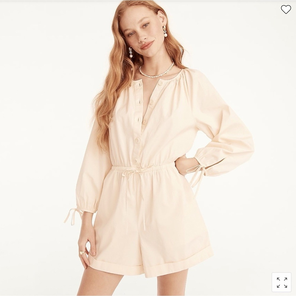 J.Crew Cotton Poplin Tie-Sleeve Button-Front Romper in Palest Peach